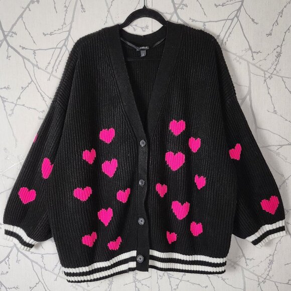 Torrid Black Ribbed Knit Hearts Print Drop Shoulder Cardigan - Picture 1 of 4